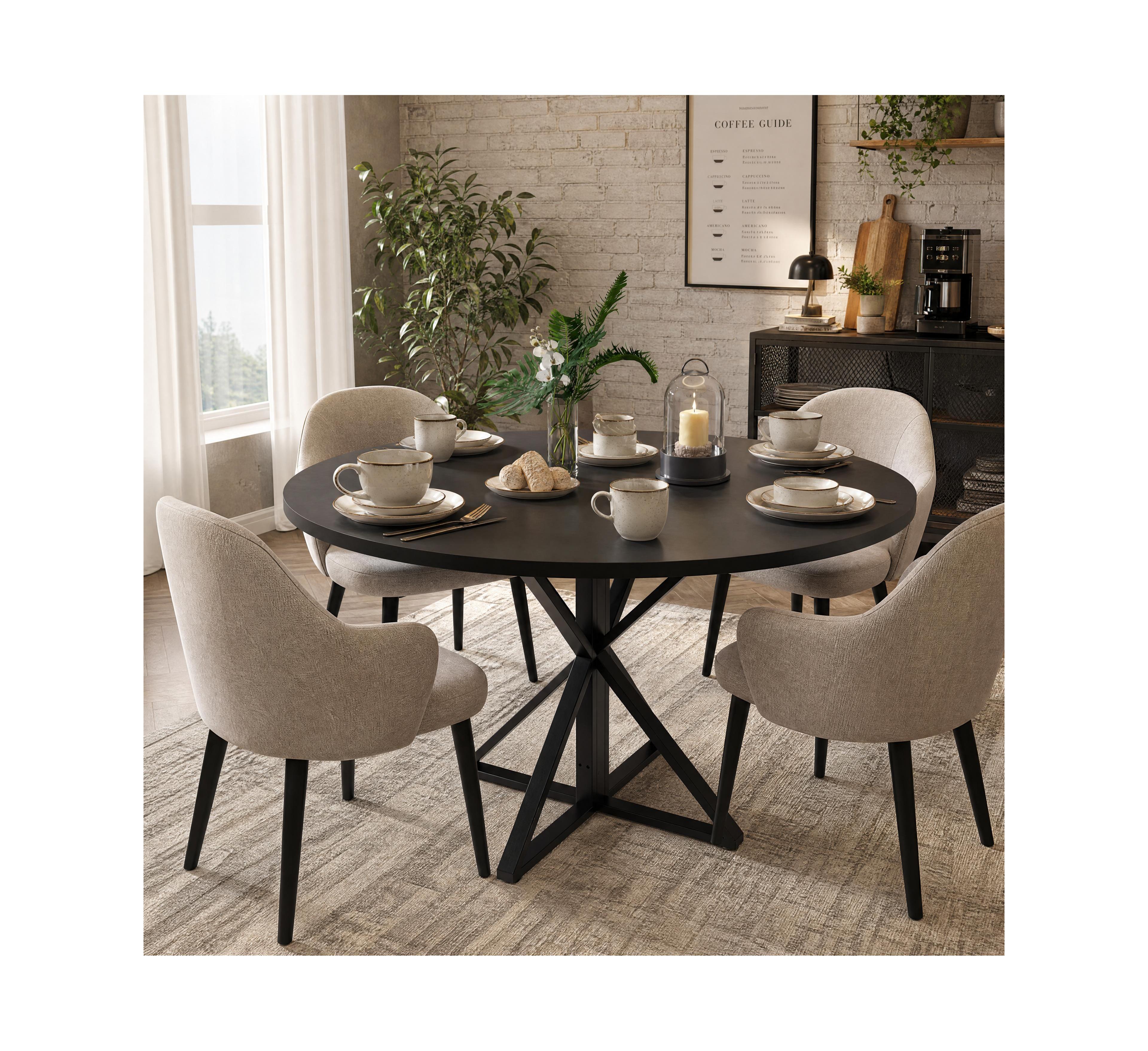 47 Inch Round Wood Dining Table, K-Shaped Carbon Steel Pedestal Base, Heat and Water Resistant Mdf Tabletop, Space Saving Industrial Dinner Table
