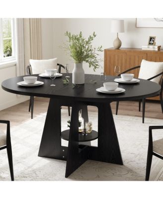 59'' Oval Dining Table with Built-In Storage Shelf, Pedestal Base Dining Furniture Accommodating 4-8 Diners, Storage Table for Kitchen, Dining Room