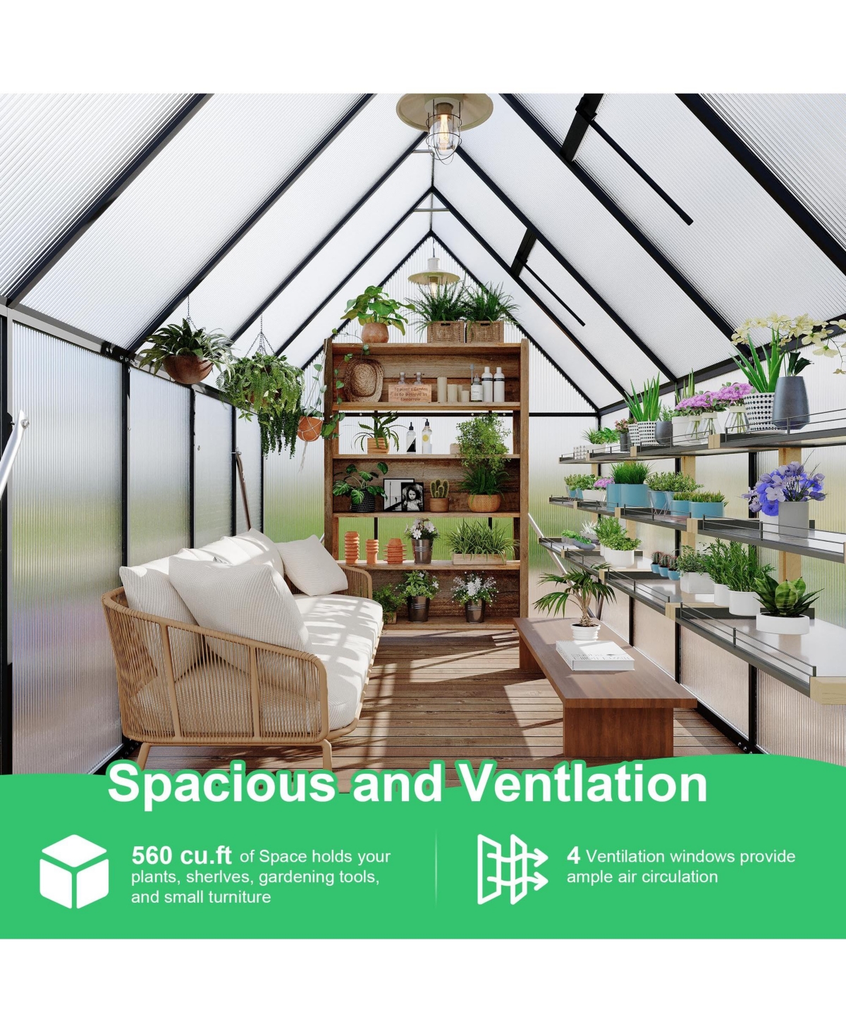 6x9ft Greenhouse with Aluminum Frame, Walk-in Sun Room Pc Board Panels for Backyard Patio Garden Year-Round Planting, Silver/Green/Black