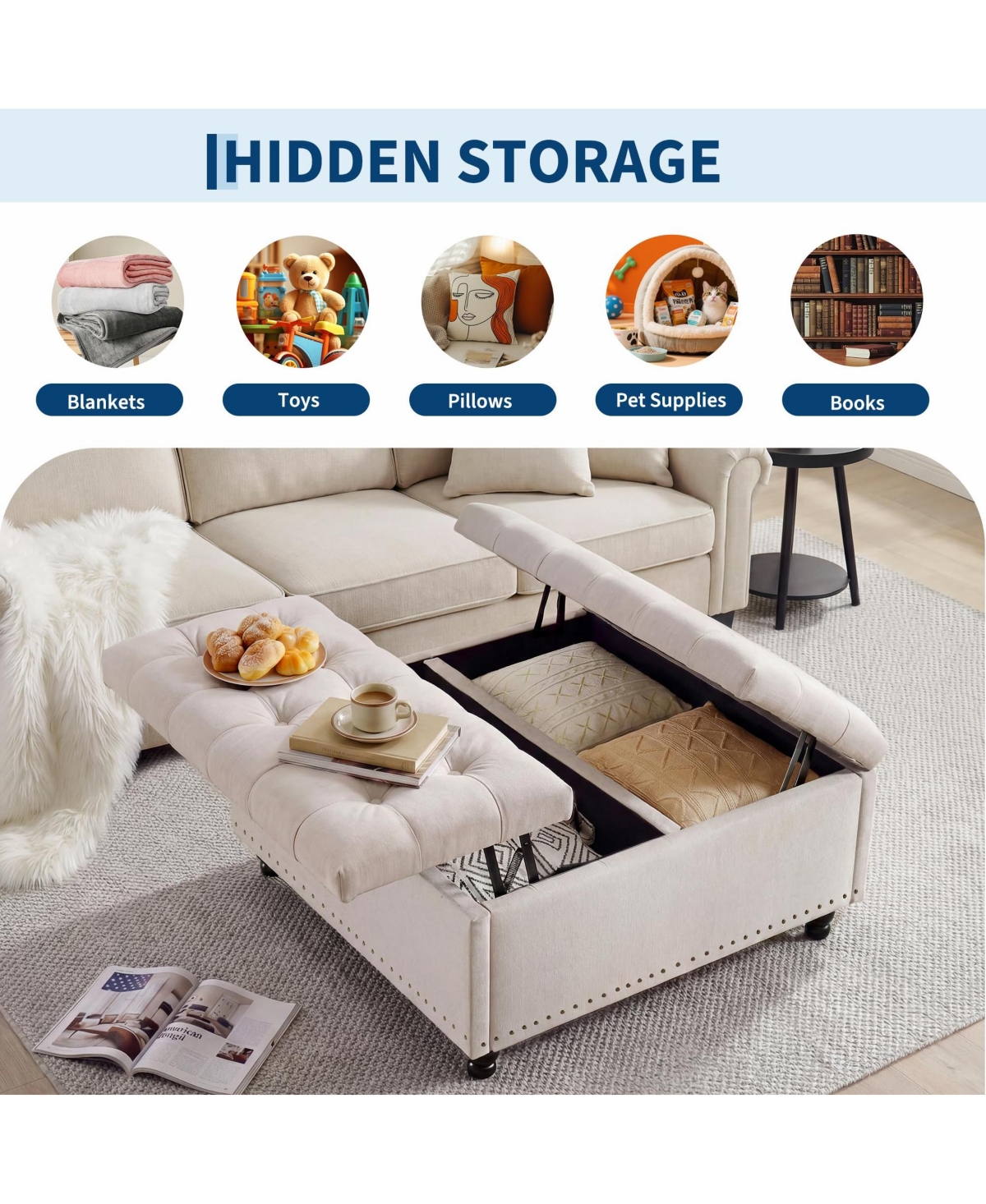 35" x 35" x 18" Storage Ottoman Bench with Flip-Top, Linen Upholstered Chest and Rubber Wood Legs, for Bedroom Entryway Living Room, Beige
