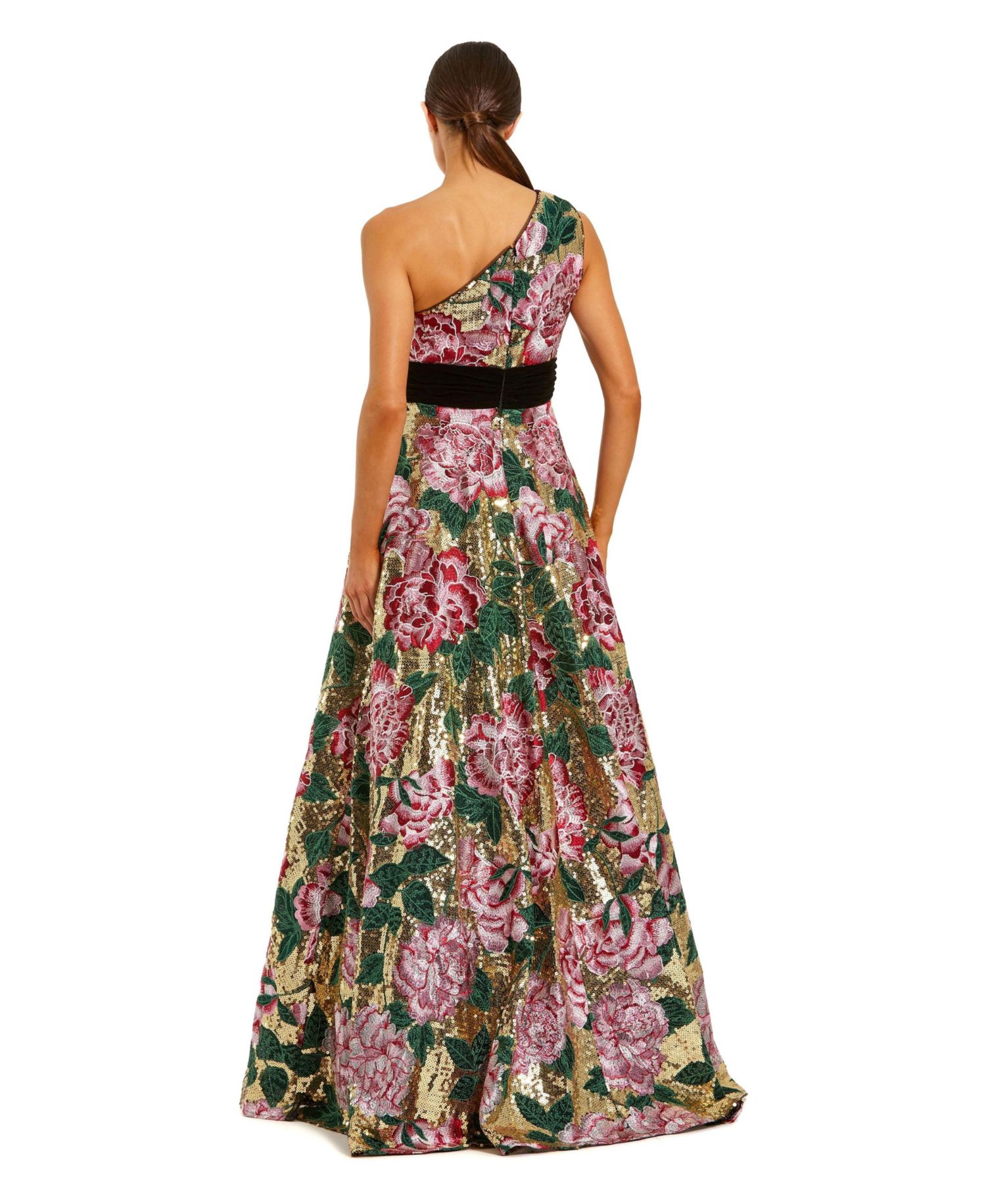 Women's One-Shoulder Floral Sequin Ball Gown with Velvet Bow