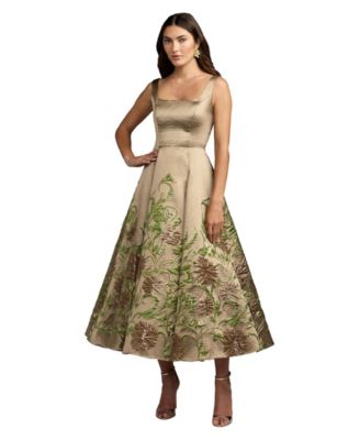 Women's Embroidered Floral A-Line Square Neck Midi Dress