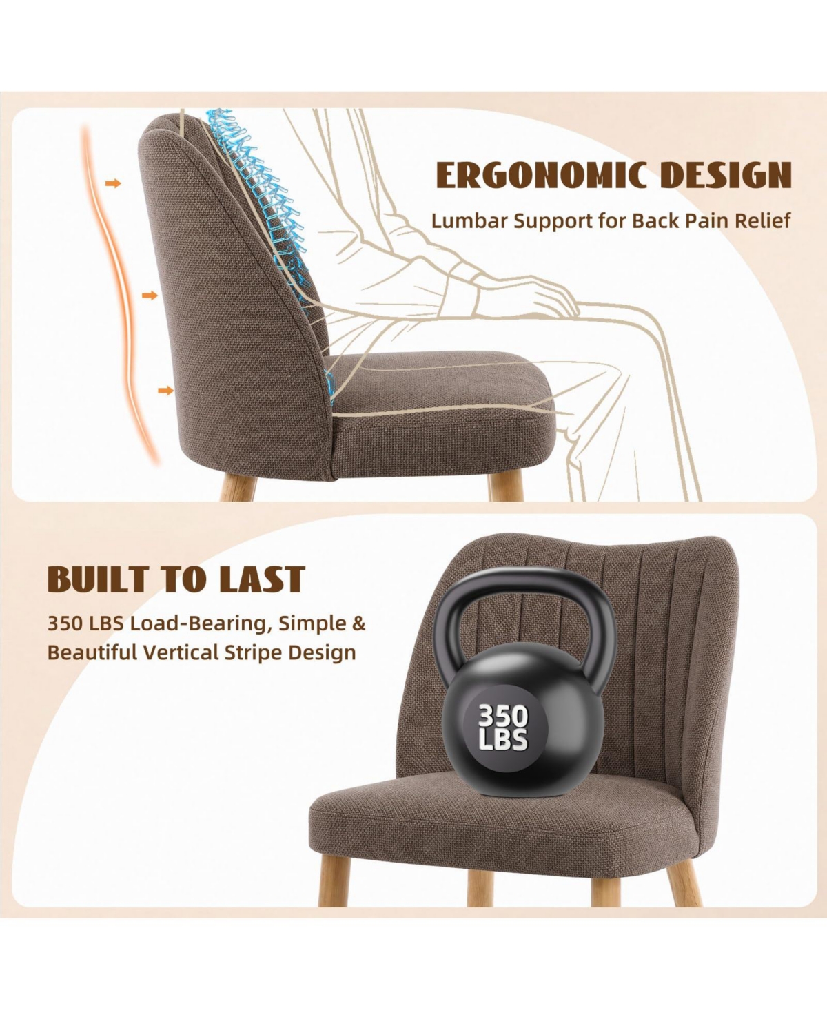 Set of 2 Modern Armless Upholstered Dining Chairs, Fabric Seating with Backrest and Wooden Legs, Tool-Free Assembly for Kitchen, Living Room