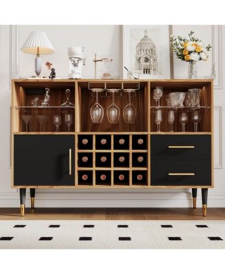 47.2" Wood Color Wine Bar Cabinet with LED Lights, Charging Station, Wine Rack and Glass Holder