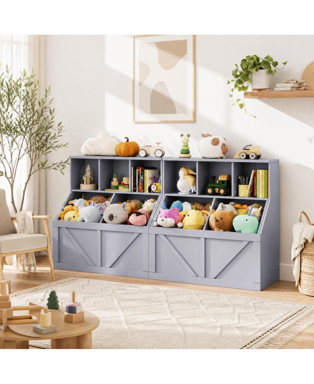 Kids Bookshelf Toy Storage Organizer 35.4"H Layered Cubby Storage Wood Frame Low Height Kid-Friendly for Playroom Bedroom Nursery