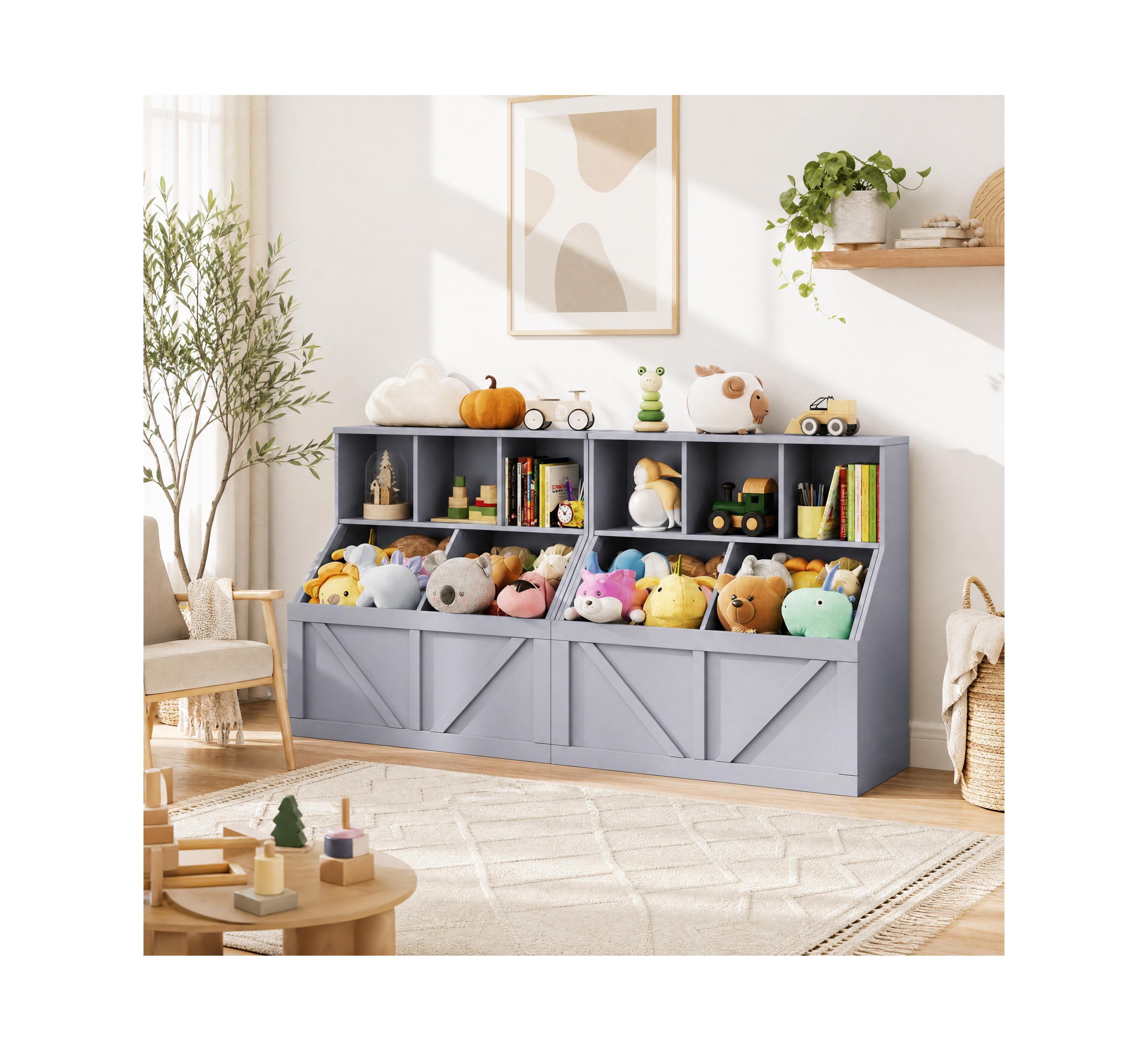 Kids Bookshelf Toy Storage Organizer 35.4"H Layered Cubby Storage Wood Frame Low Height Kid-Friendly for Playroom Bedroom Nursery