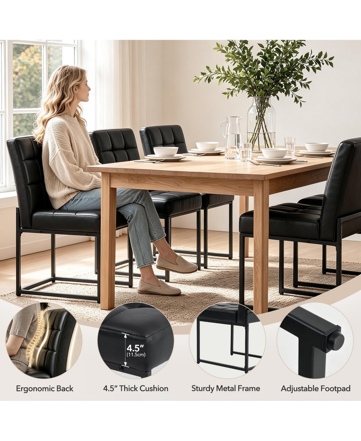 Dining Chairs Set of 2, Mid-Century Modern Armless Kitchen Chair with Upholstered Pu Leather Seat, Metal Frame, 300 Lbs Capacity for Dining Room Cafe