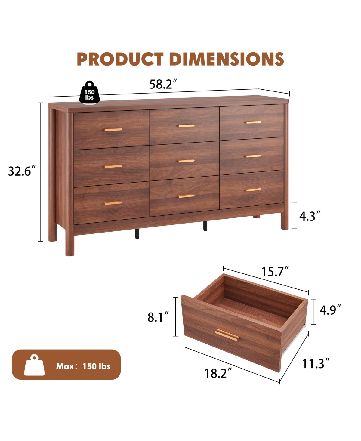 9 Drawer Dresser, Modern Storage Chest of Drawers, Freestanding Organizer with Cylindrical Legs, Metal Handles and Anti-Tip, for Bedroom, Living Room