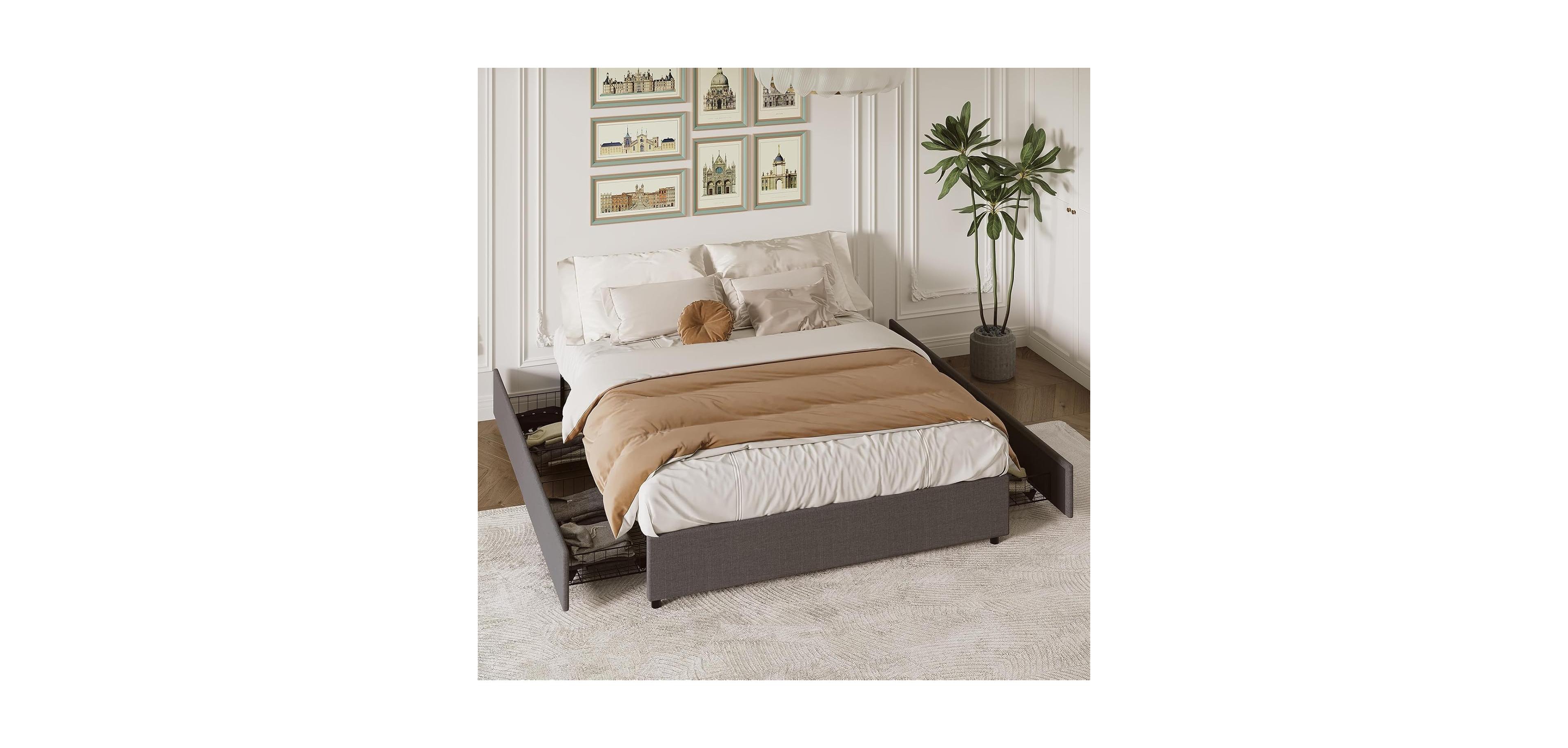 King/Queen/Full Upholstered Platform Bed with Drawers, Linen Storage Bed Frame, Engineered Wood for Bedroom
