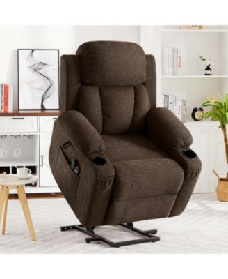 Oversized Chenille Power Lift Recliner with Heat, Massage and Memory Remote, USB, Cup Holders,Brown