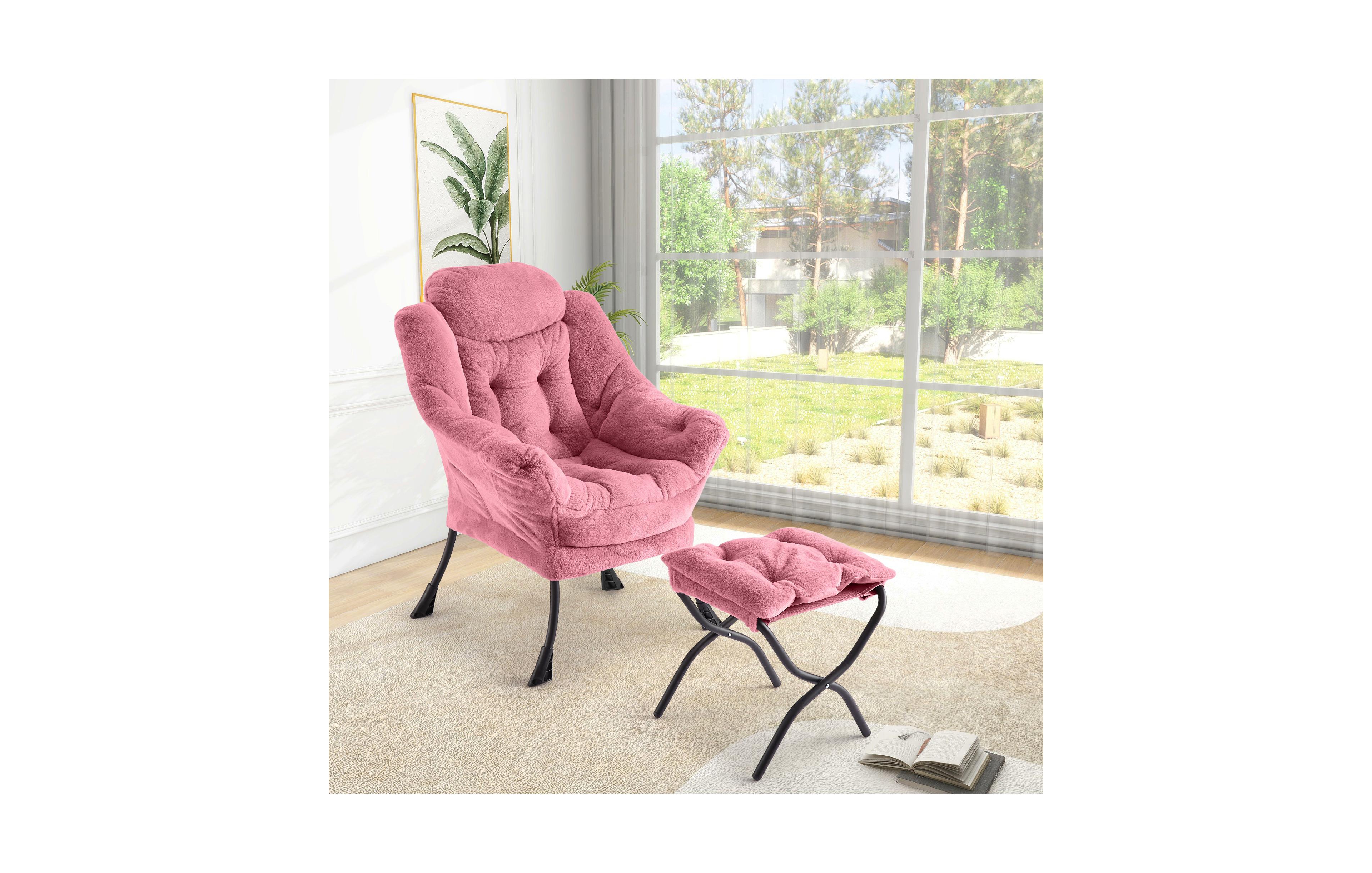 Lounge Armchair with Ottoman Set Modern Ergonomic Recliner 400 lb Capacity Thick Cushion Collapsible Footrest Side Pocket for Living Room Pink