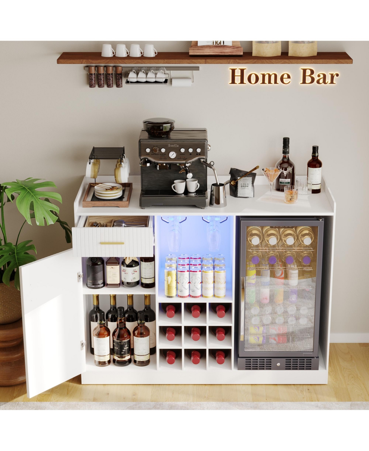 Multi-Functional Coffee Bar Cabinet with Fridge Space, Wine Rack, Glass Holder, Power Outlet and Led Light, Fluted Sideboard Mini Bar for Home Kitchen