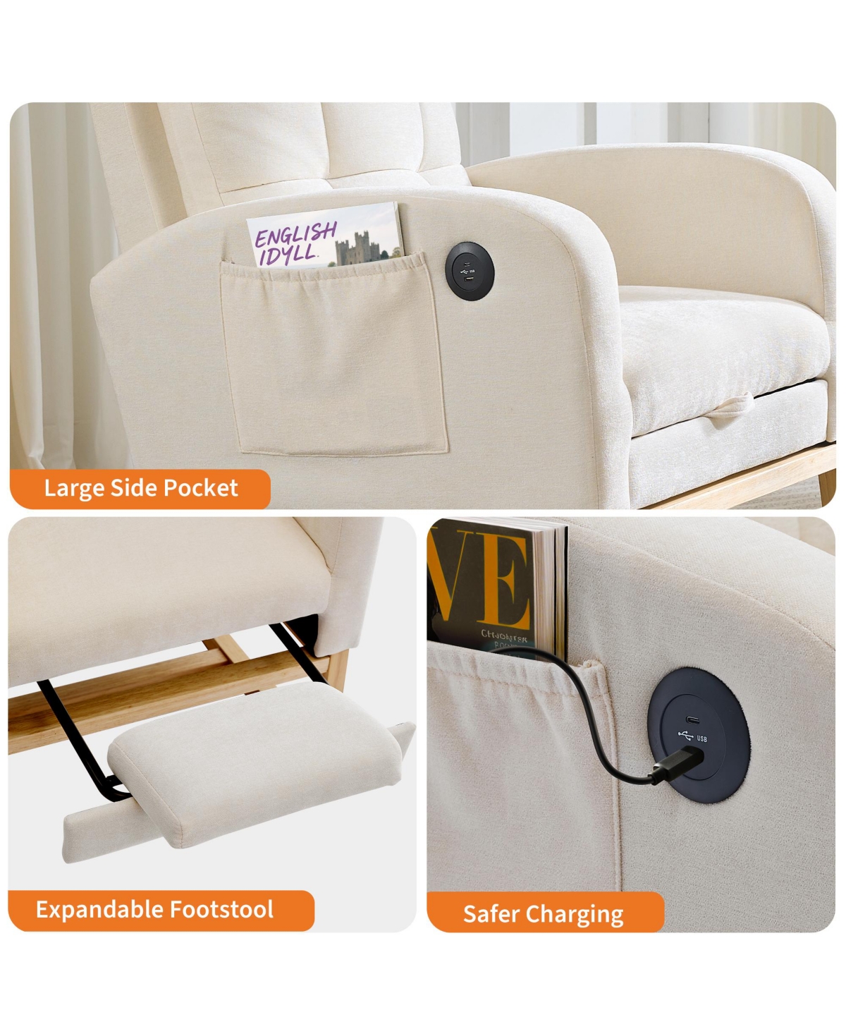 Rocking Chair, Linen Upholstered Glider Armchair for Nursery | Modern Rocker with Footrest, Side Pocket and Usb Ports for Living Room Bedroom