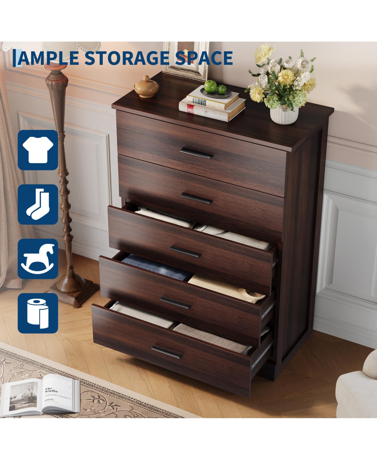 Dresser Set of 2 Mid-Century Modern 5-Drawer Chest Wood Storage Cabinet with Metal Handles for Bedroom Living Room Entryway Hallway