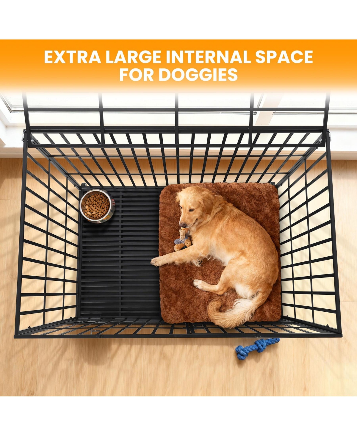Large Heavy Duty Dog Crate, Large Metal Wire Kennel with Double Doors for Medium Large Dogs, Foldable with Removable Tray