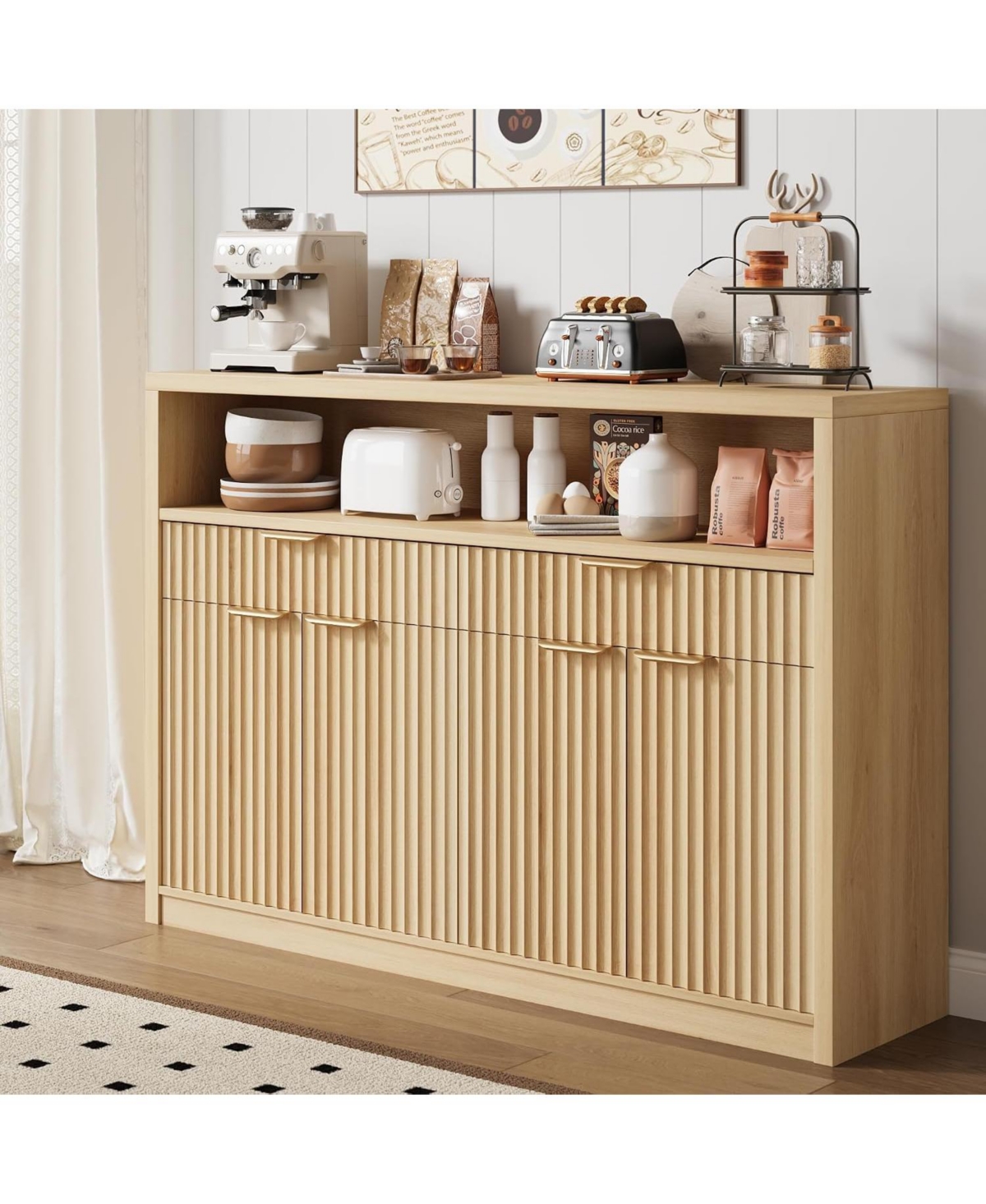51" Modern Fluted Buffet Sideboard Cabinet with Doors and Drawers, Warm Wood Finish