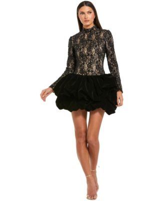Women's Sequin-Embellished Lace Bubble Hem Long-Sleeve Mini Dress