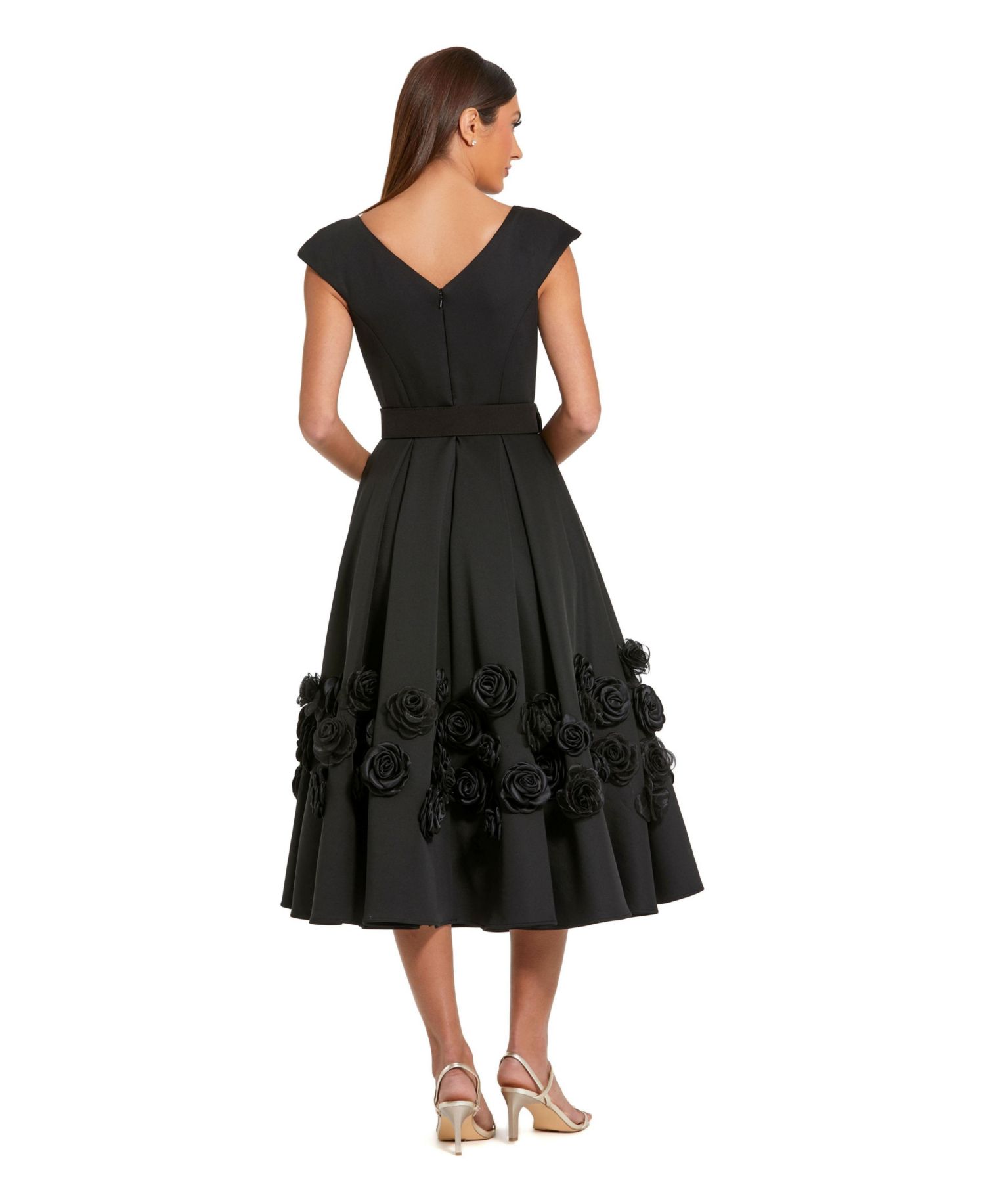 Women's Belted Floral Rosette A-Line Midi Dress