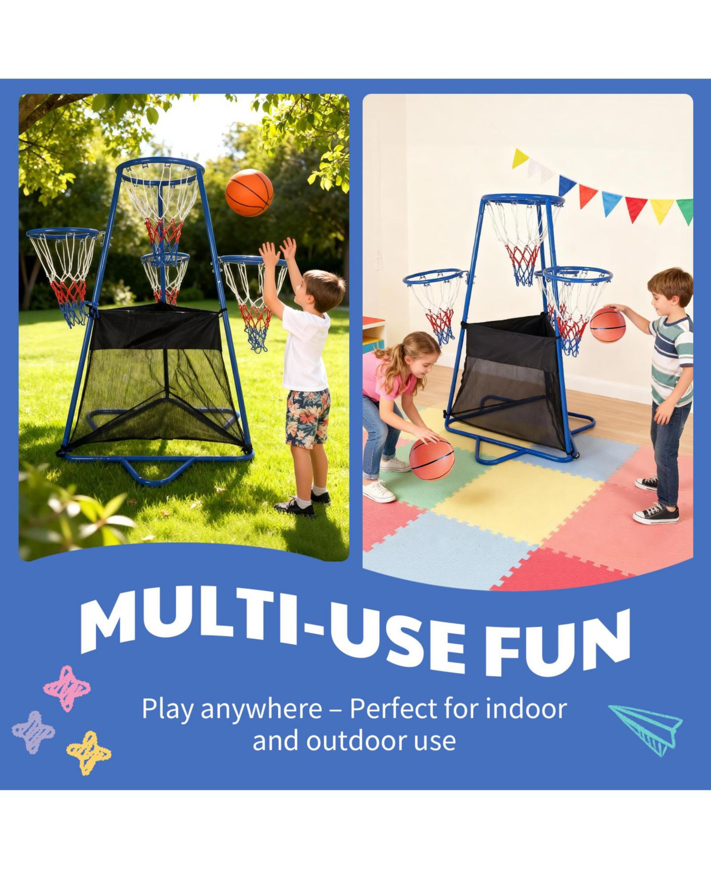 Детская игрушка homfan Compact Adjustable Basketball Hoop Stand, Metal Frame, Indoor-Outdoor with 4 Hoops and 2 Basketballs, Ages 3+ — фото 5