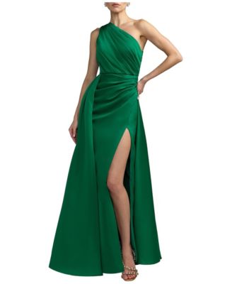 Women's One Shoulder Draped Satin Gown with Overskirt