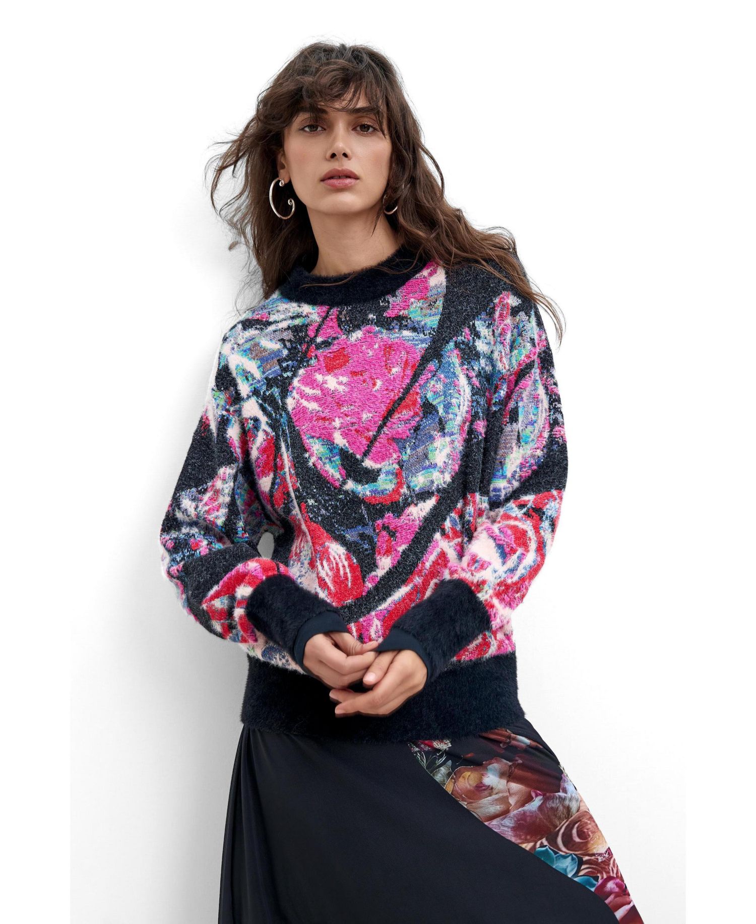 Women's M. C. Lacroix Chunky Knit Oversized Floral-Print Pullover