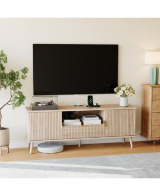 Modern Fluted TV Stand for TVs Up to 65", Wood Grain Media Console with Outlet, Adjustable Shelf, Drawer, Entertainment Center for Living Room