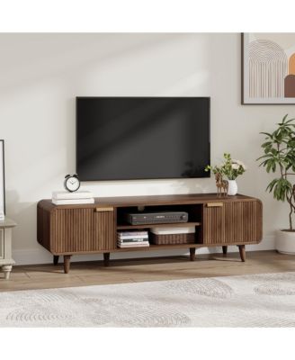 Mid-Century Media Console with Fluted Panel Doors, Adjustable Inner Shelves, Low Profile TV Stand for TVs Up to 65 Inch for Living Room, Bedroom
