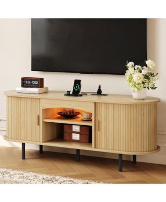 55"Fluted TV Stand TVs Up to 65", Century Media Console LED Lights and Power Outlet, Center Storage, Sliding Door Adjustable Shelf for Living Room