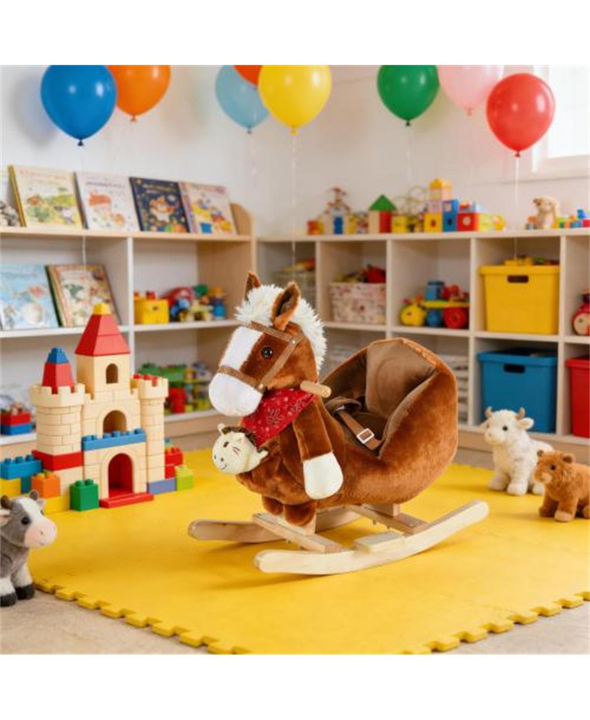 Yobtop Rocking Horse Toy - Soft Kids Rocking Horse with Lullaby Music, Plush Body, Steel Frame, Safety Belt, Hand Puppets