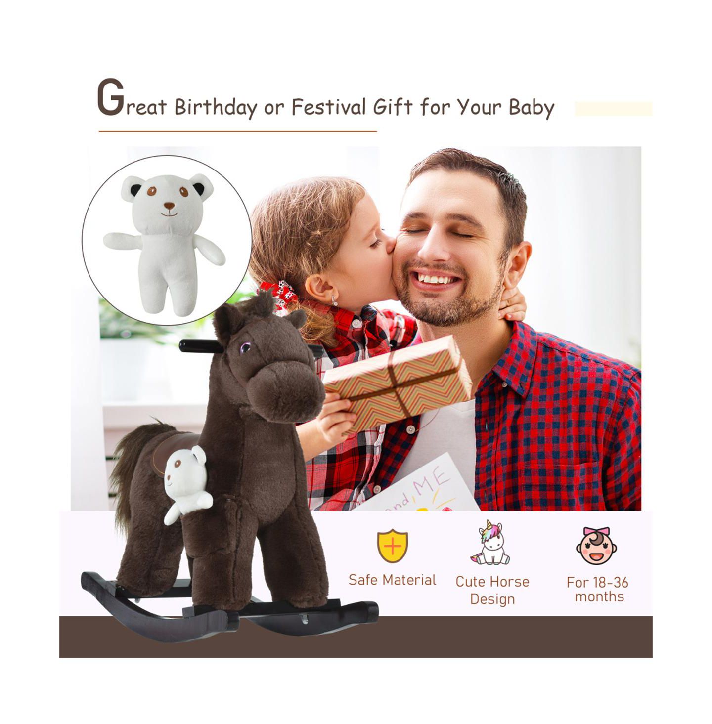 Детская мягкая игрушка YOBTOP Kids Plush Rocking Horse with Sound Effects, 66 lb. Capacity, Ages 3+, цвет: Коричневый — фото 4