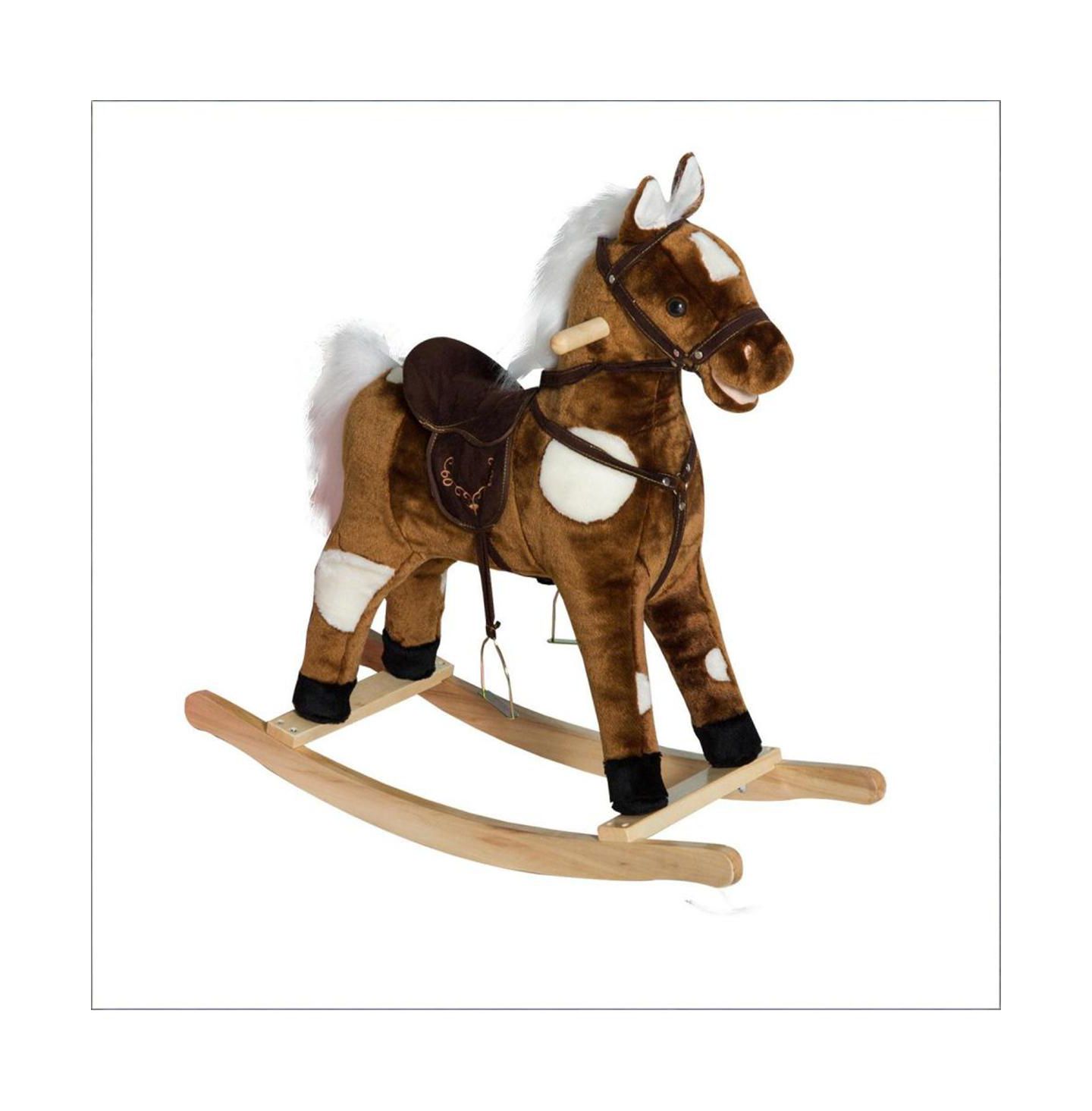 Детская мягкая игрушка YOBTOP Kids Plush Rocking Horse Toy - Toddler Ride On Pony with Tail Wagging and Music, Soft Plush Body, Sturdy Metal Frame, Safe Rocking, цвет: Коричневый — фото 1