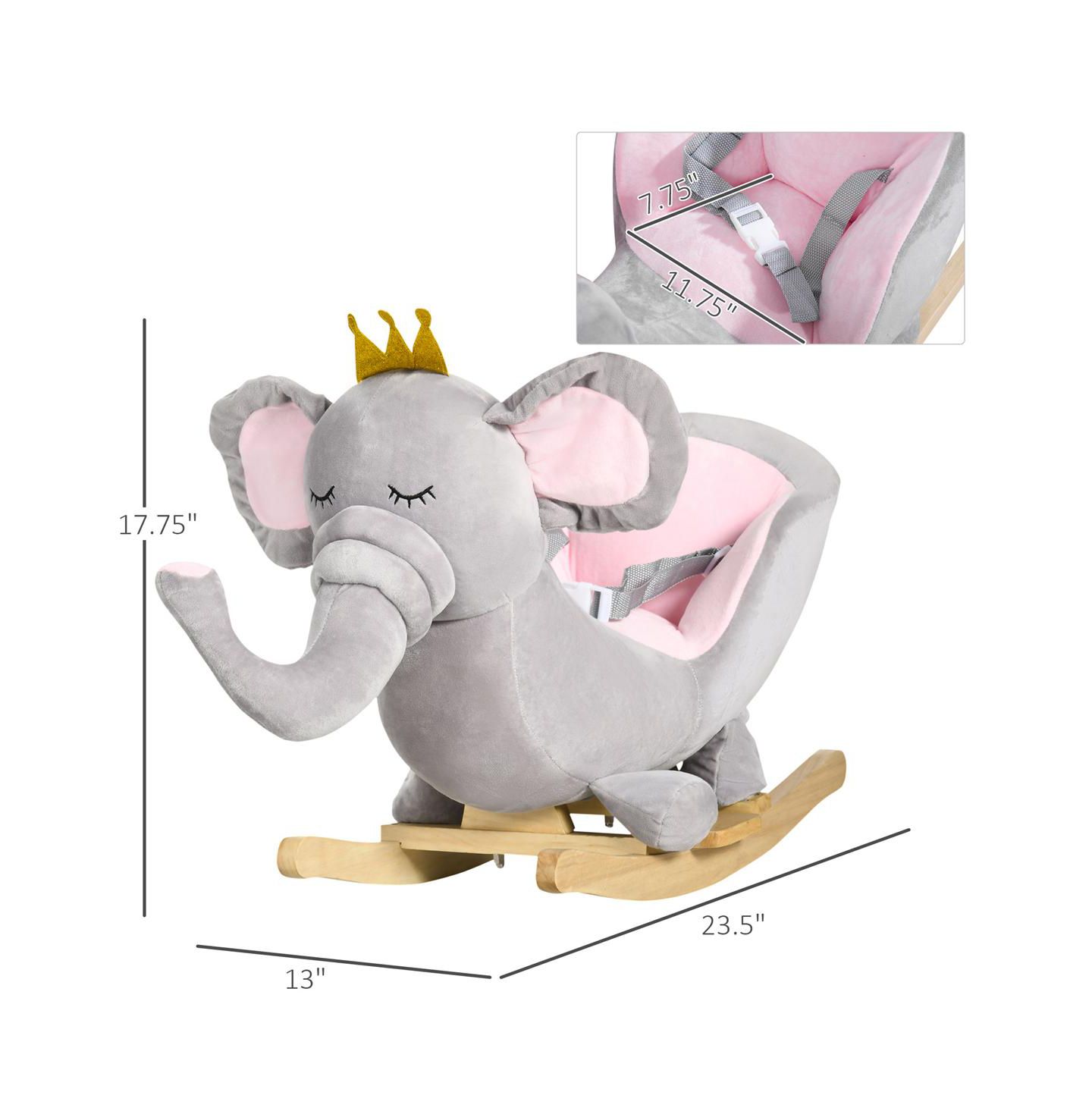 Детские мягкие игрушки YOBTOP Elephant Rocking Chair - Toddler Plush Rocker with Sound Effects, Safety Belt, Sturdy Frame, цвет: Серебряный серый — фото 3
