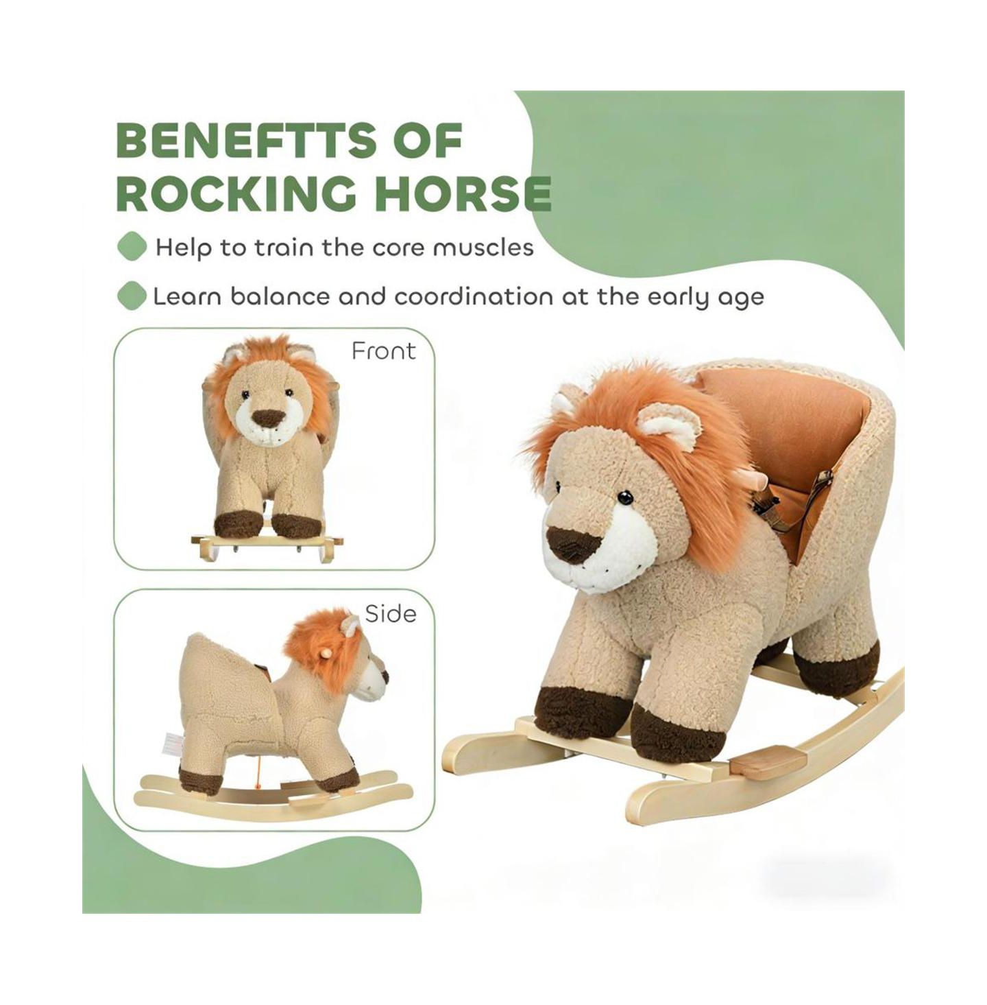 Детская мягкая игрушка YOBTOP Lion Wooden Plush Rocking Horse with Roaring Sound, Ages 3-4, цвет: Коричневый — фото 5