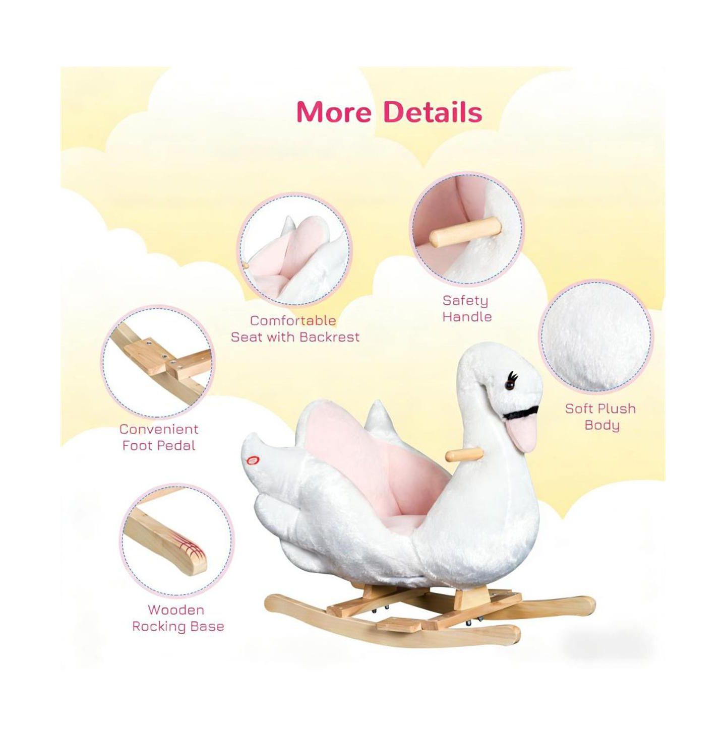 Детская мягкая игрушка YOBTOP Plush Swan Rocking Horse with Lullaby, 66 lb. Capacity, Ages 18 Months+, цвет: Розовый — фото 5