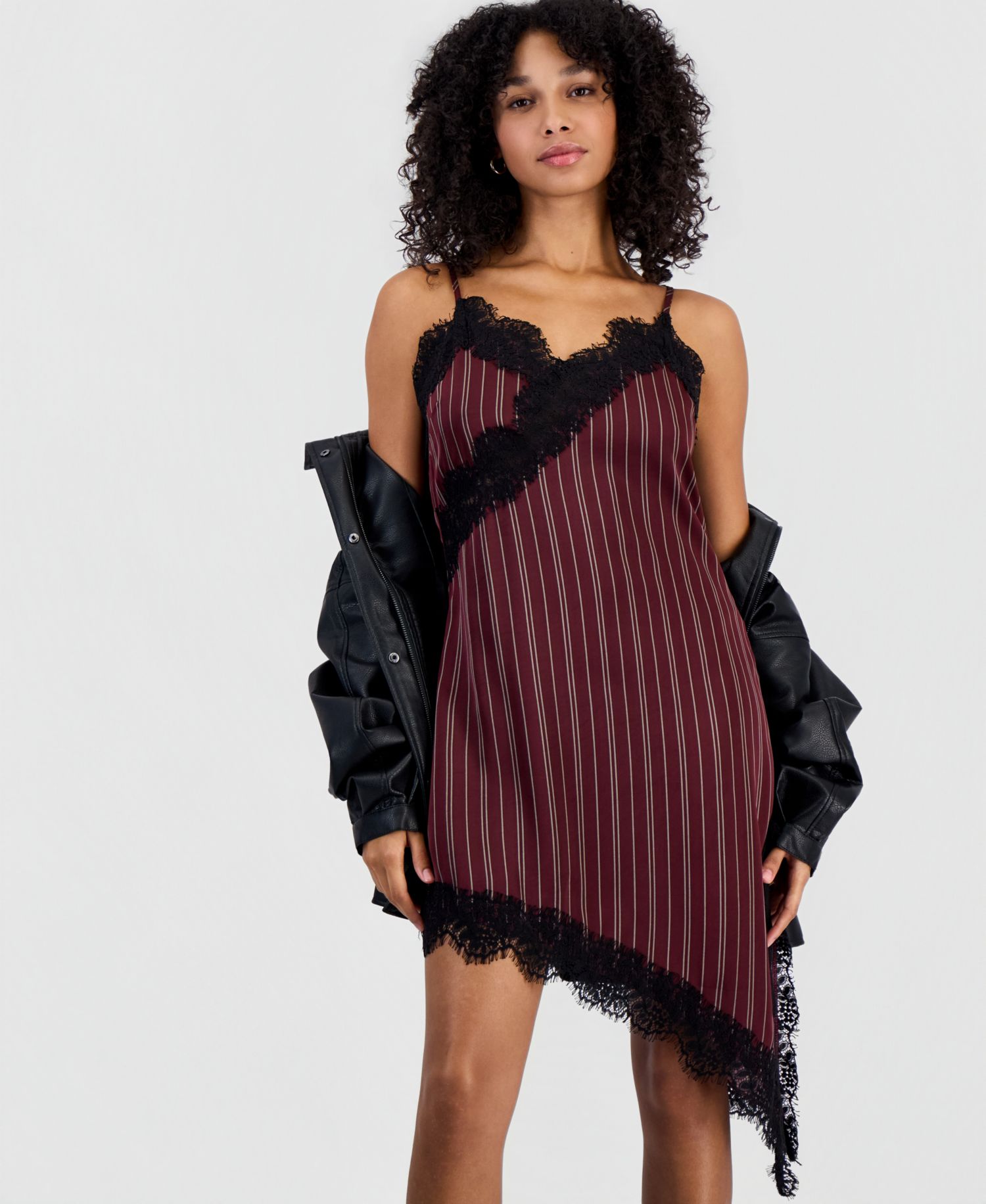 Women's Pinstripe V-Neck Lace-Trim Satin Dress