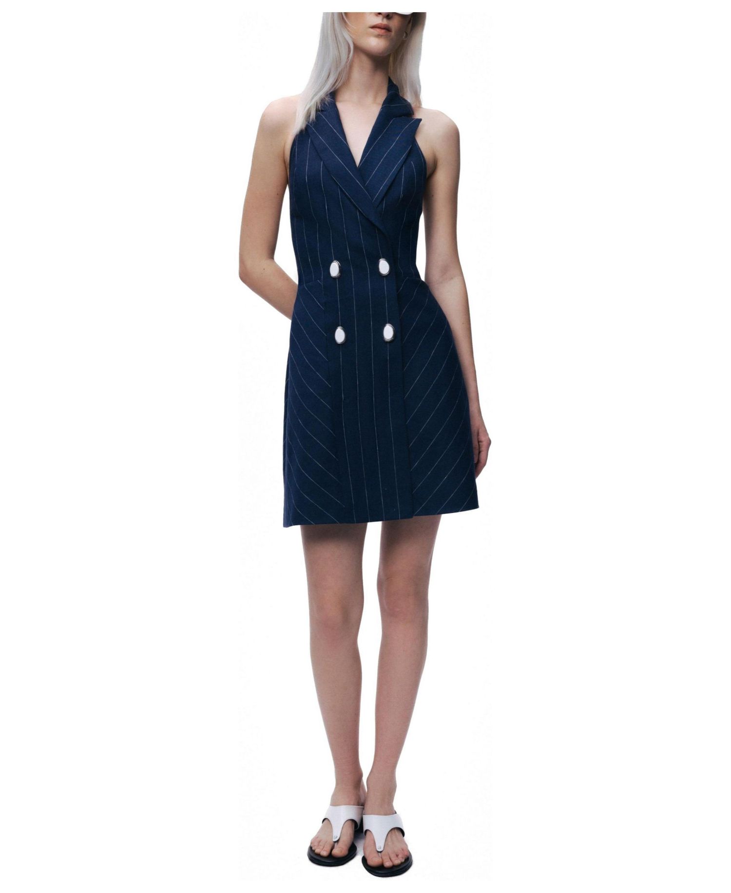 Women's Pinstripe Double-Breasted Halter Mini Dress