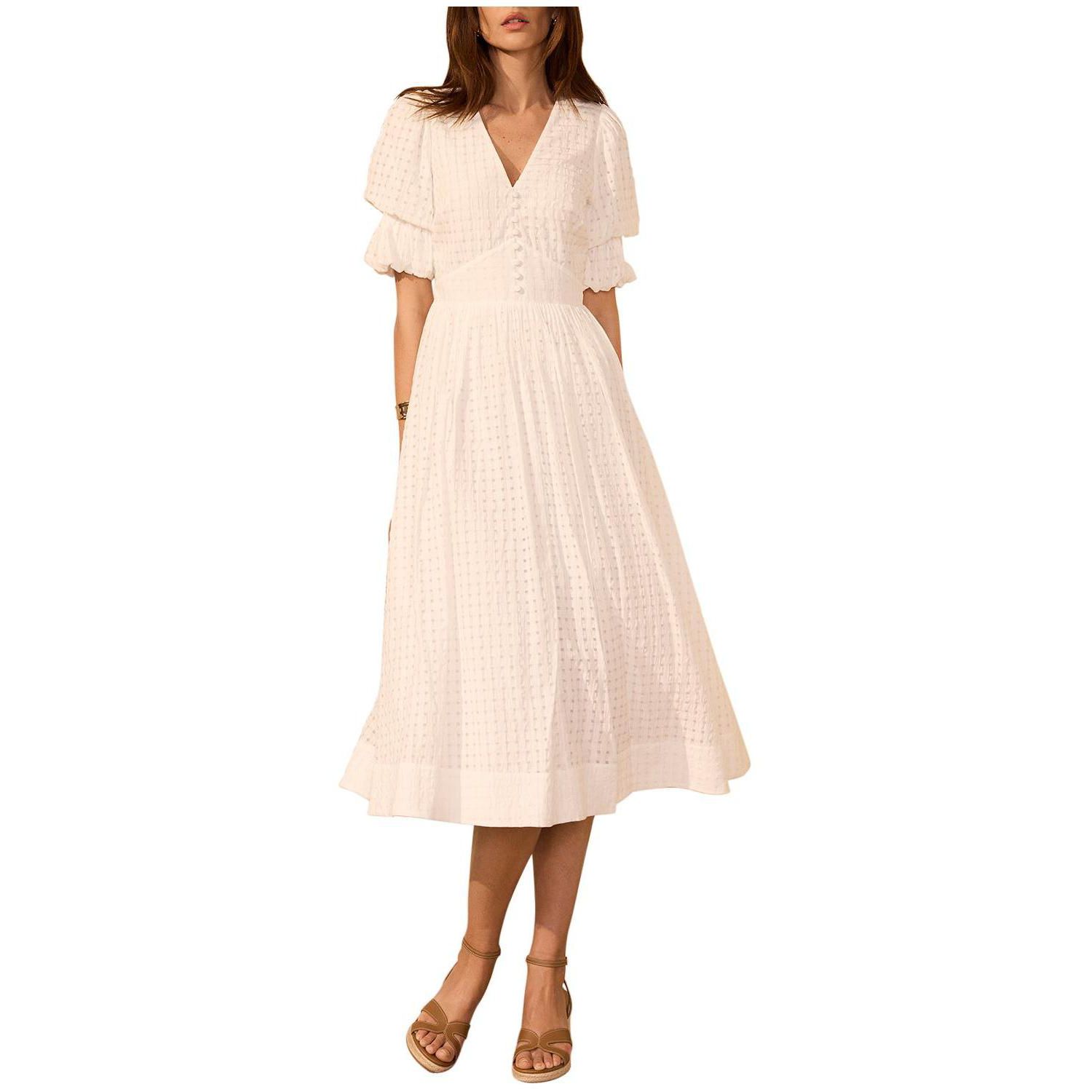 Women's Checked Puff-Sleeve V-Neck Midi Dress