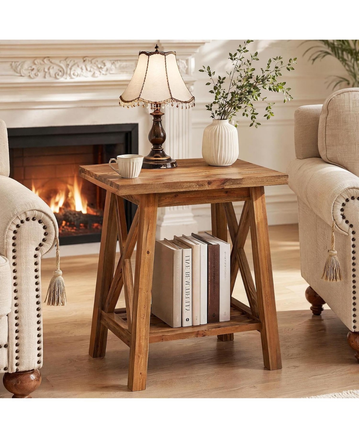 Tribesigns Solid Wood End Table, Square Side Table,2-Tier,Farmhouse