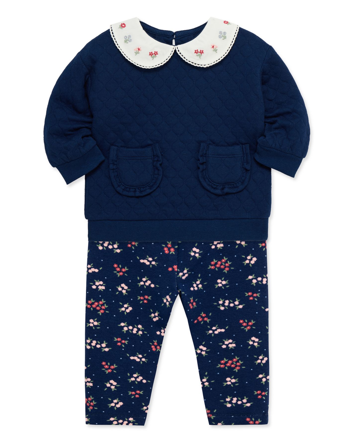 Комплект Little Me White Collar Sweatshirt and Floral Leggings, 2-Piece Set для девочек-малышей, цвет: Синий — фото 3