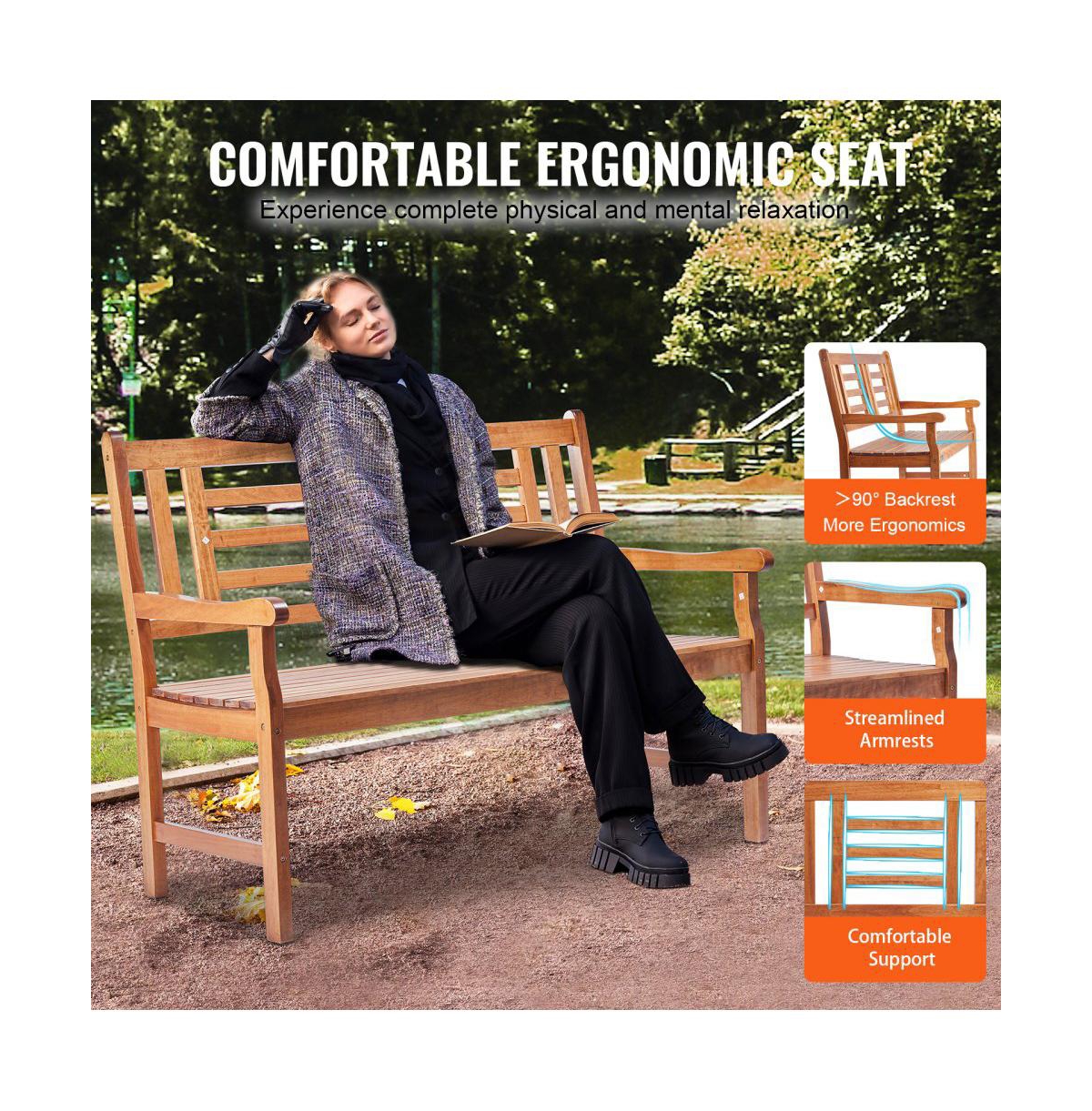 Slickblue Wood Patio Bench with Backrest Outdoor Seating for Garden and Porch