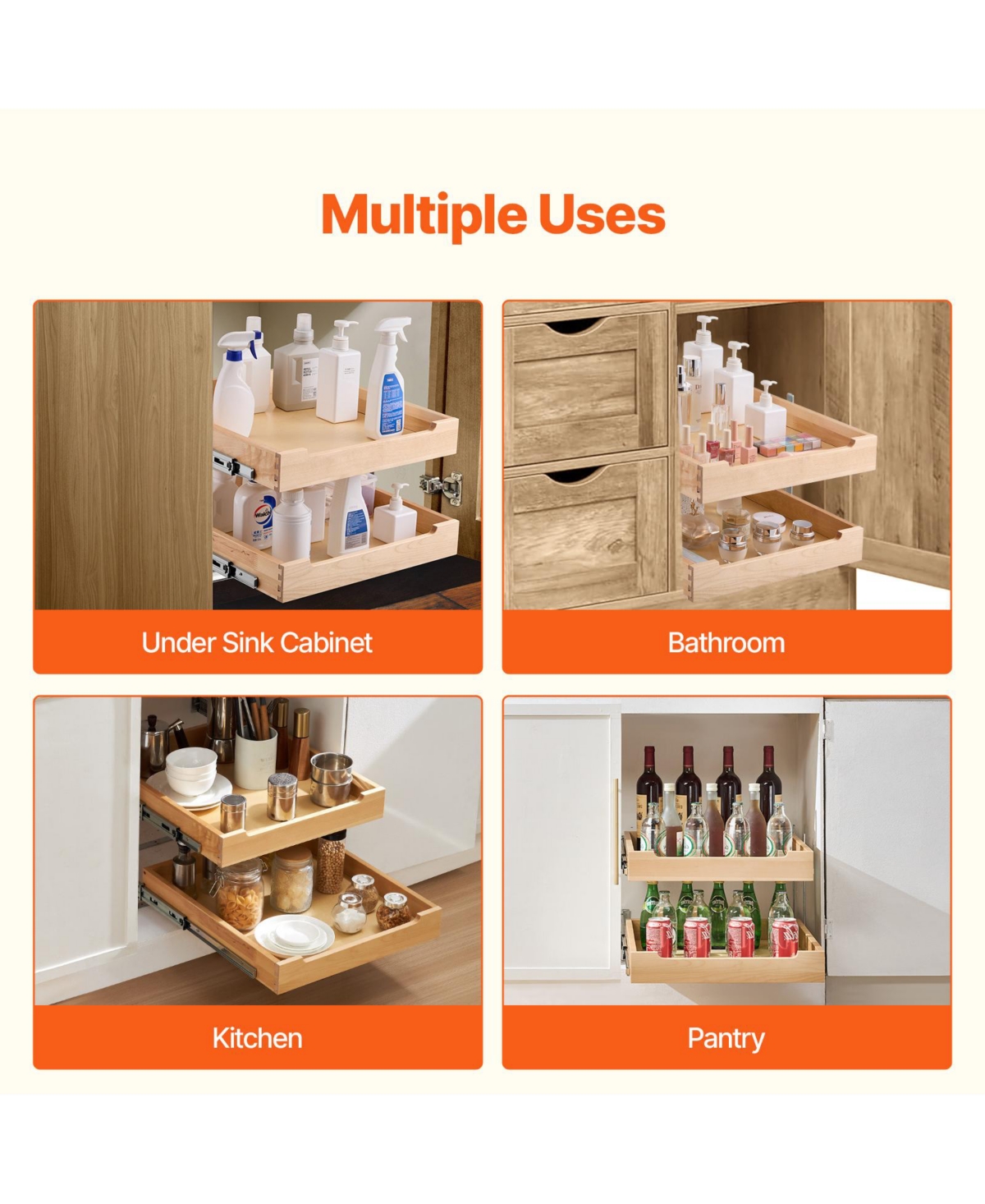 Sugift 2-Tier Pull Out Cabinet Organizer D Soft Close Sliding Wood Drawer