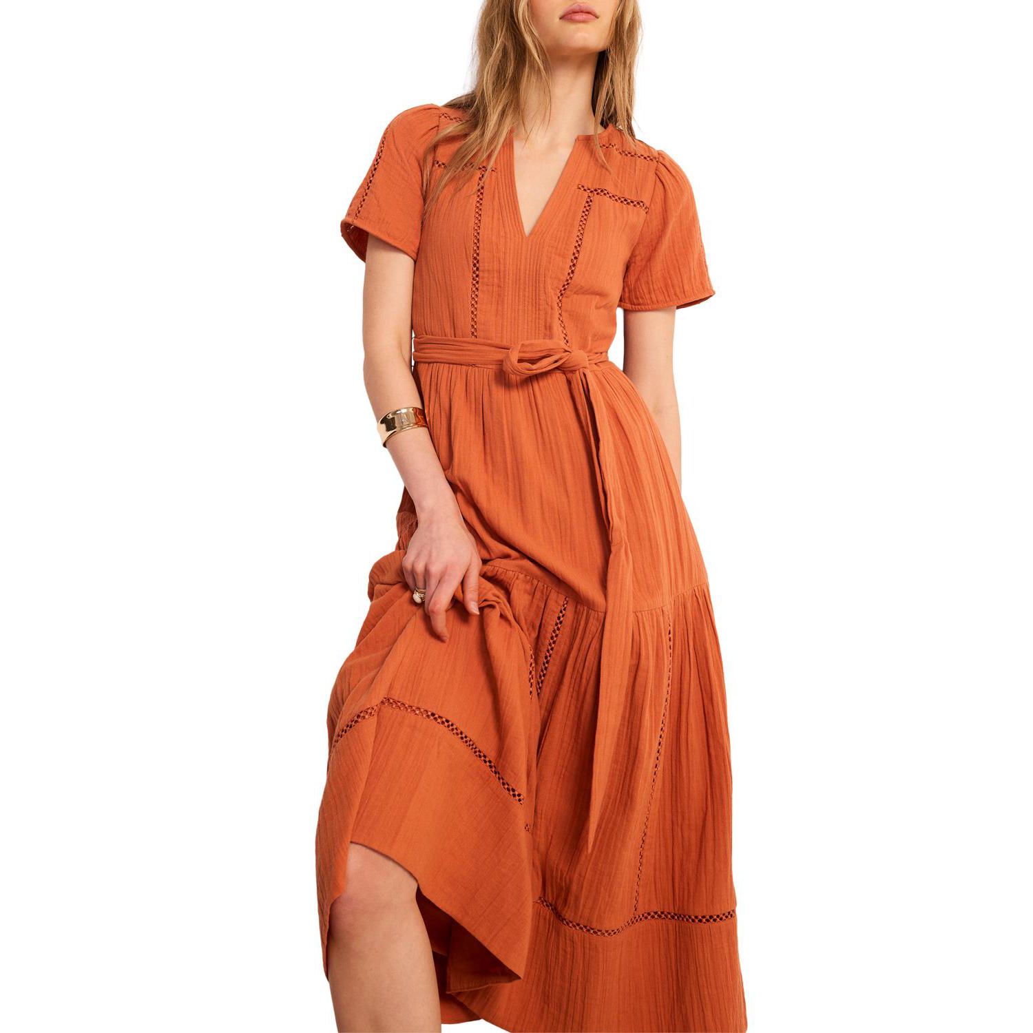 Women's V-Neck Short-Sleeve Cotton Cheesecloth Maxi Dress