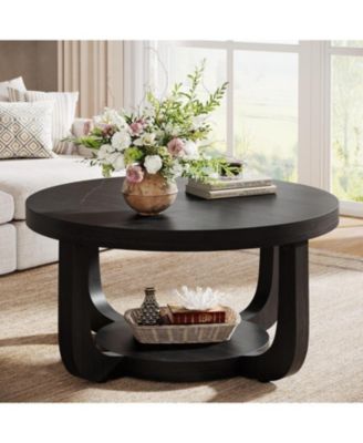 Round Coffee Table, 2-Tier Circle Coffee Table with Storage, Thick Tabletop and Base