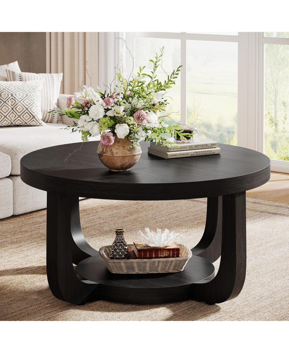 Tribesigns Round Coffee Table, 2-Tier Circle Table with Storage, Thick Tabletop and Base