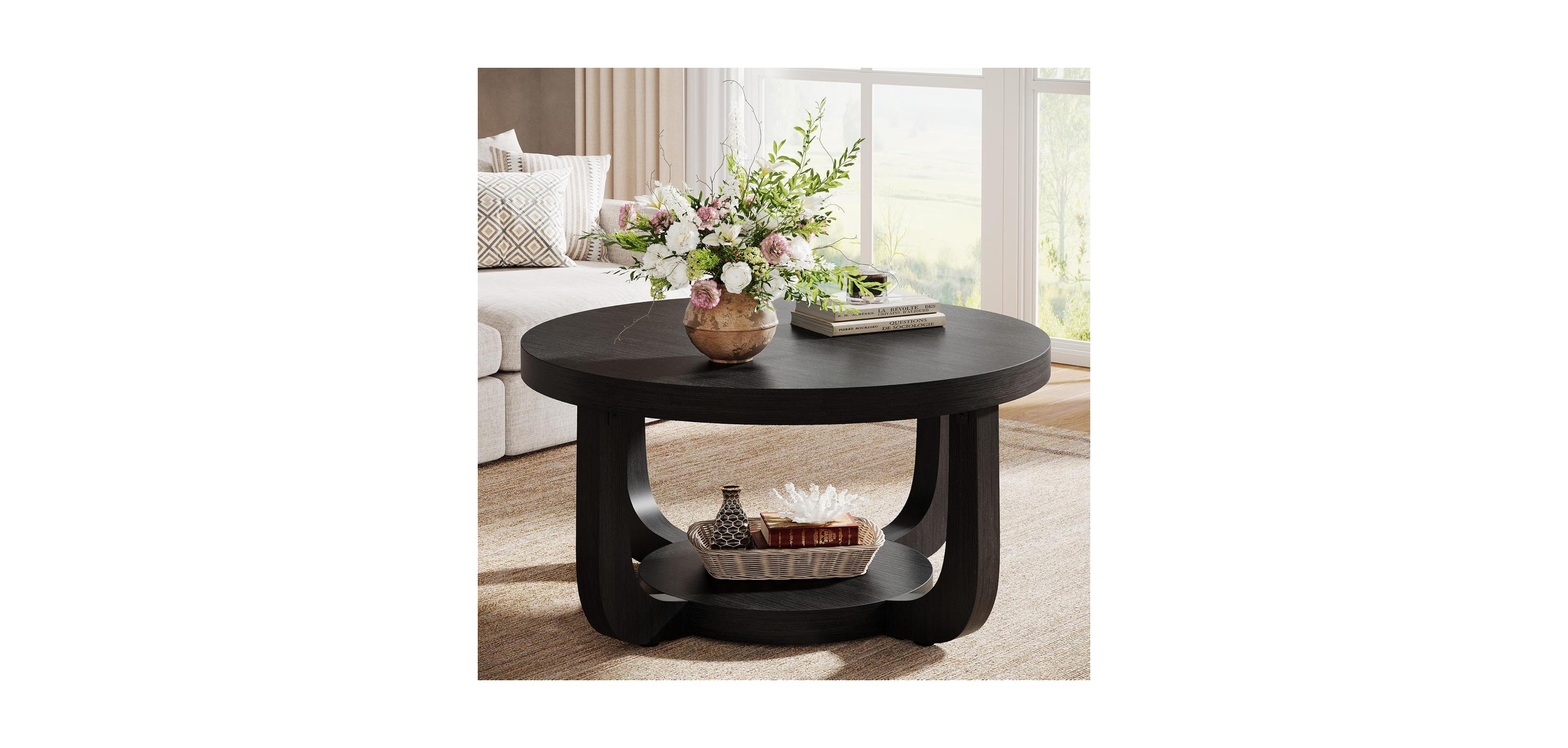 Tribesigns Round Coffee Table, 2-Tier Circle Table with Storage, Thick Tabletop and Base