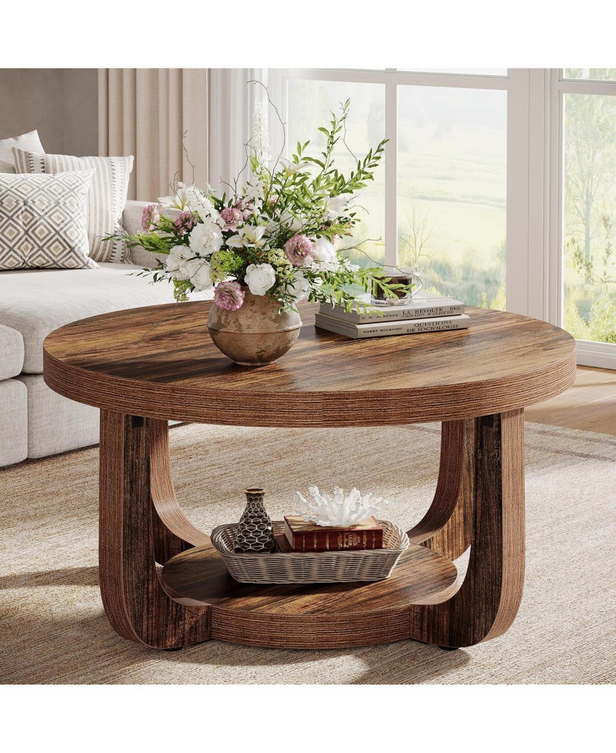 Tribesigns Round Coffee Table, 2-Tier Circle Coffee Table with Storage, Thick Tabletop and Base