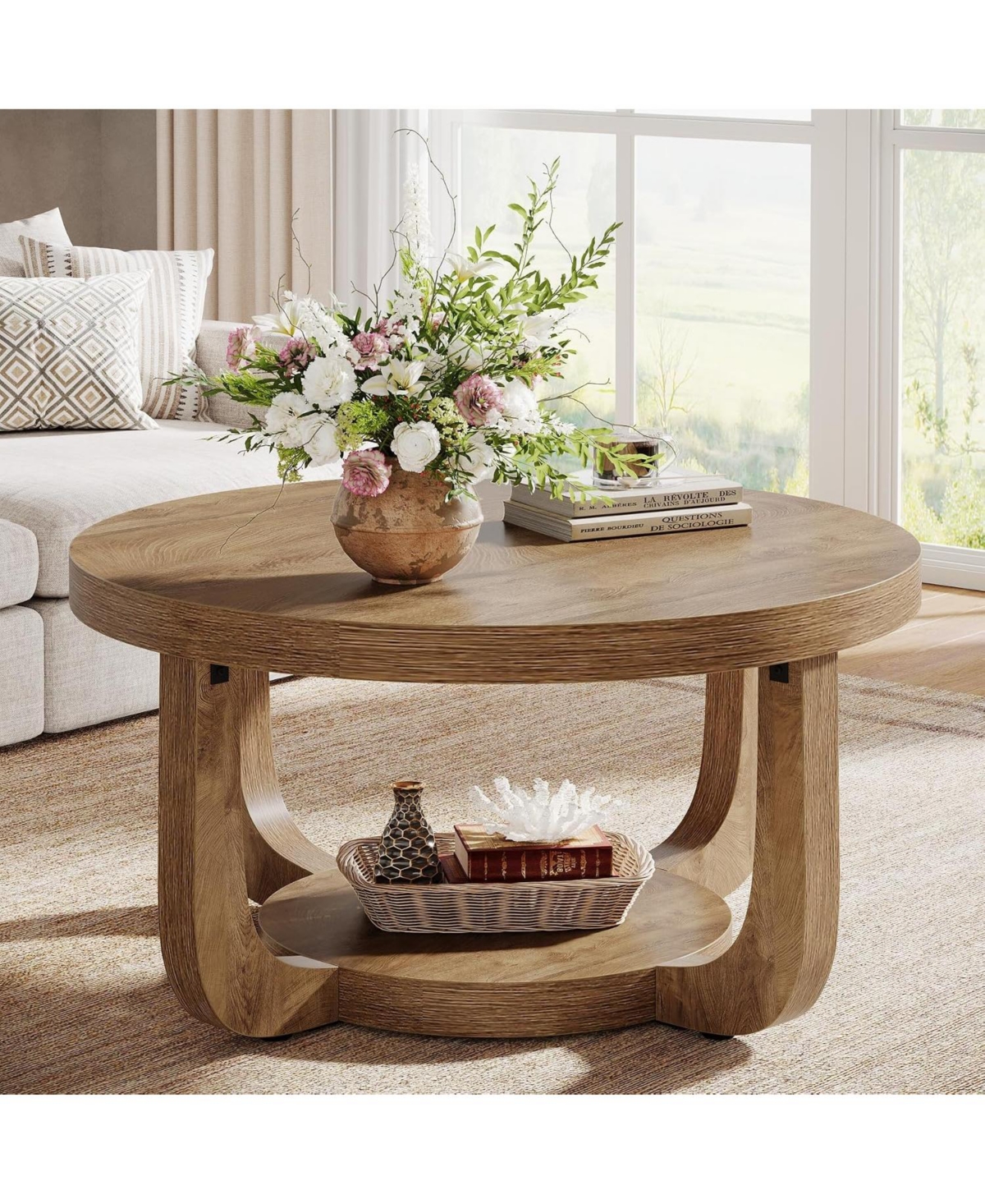 Tribesigns Round Coffee Table, 2-Tier Circle Coffee Table with Storage, Thick Tabletop and Base