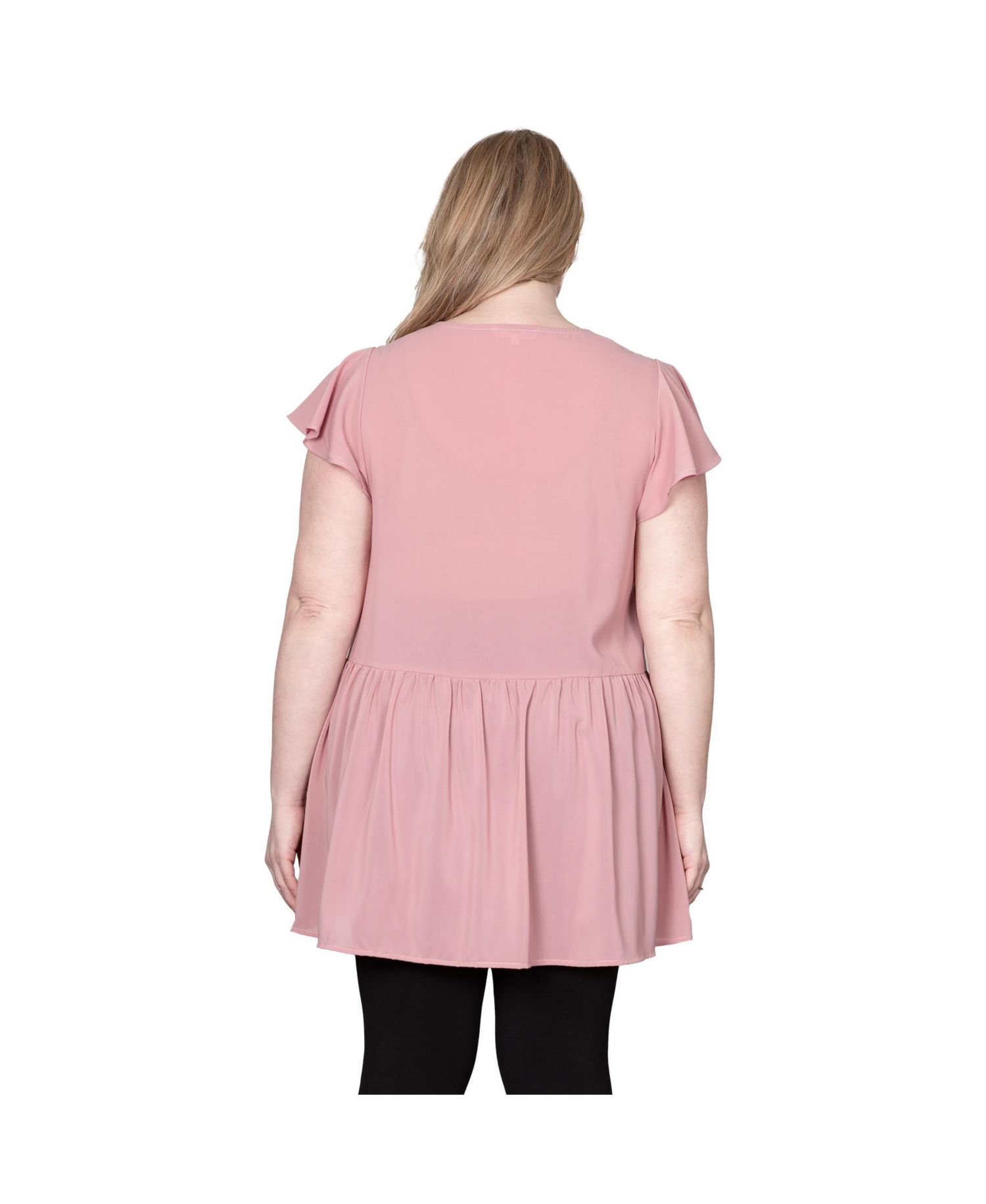 Plus Size Deep V-Neck Ruffle Cap Sleeve High-Low Hem Tunic Blouse