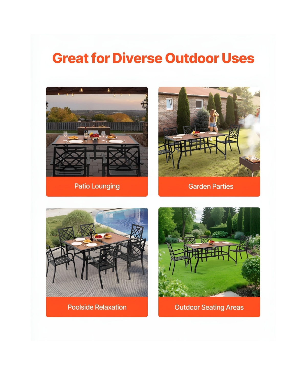 Slickblue Rectangular Outdoor Dining Table for 4-6 People, Wood-Look Steel Patio Table with Umbrella Hole