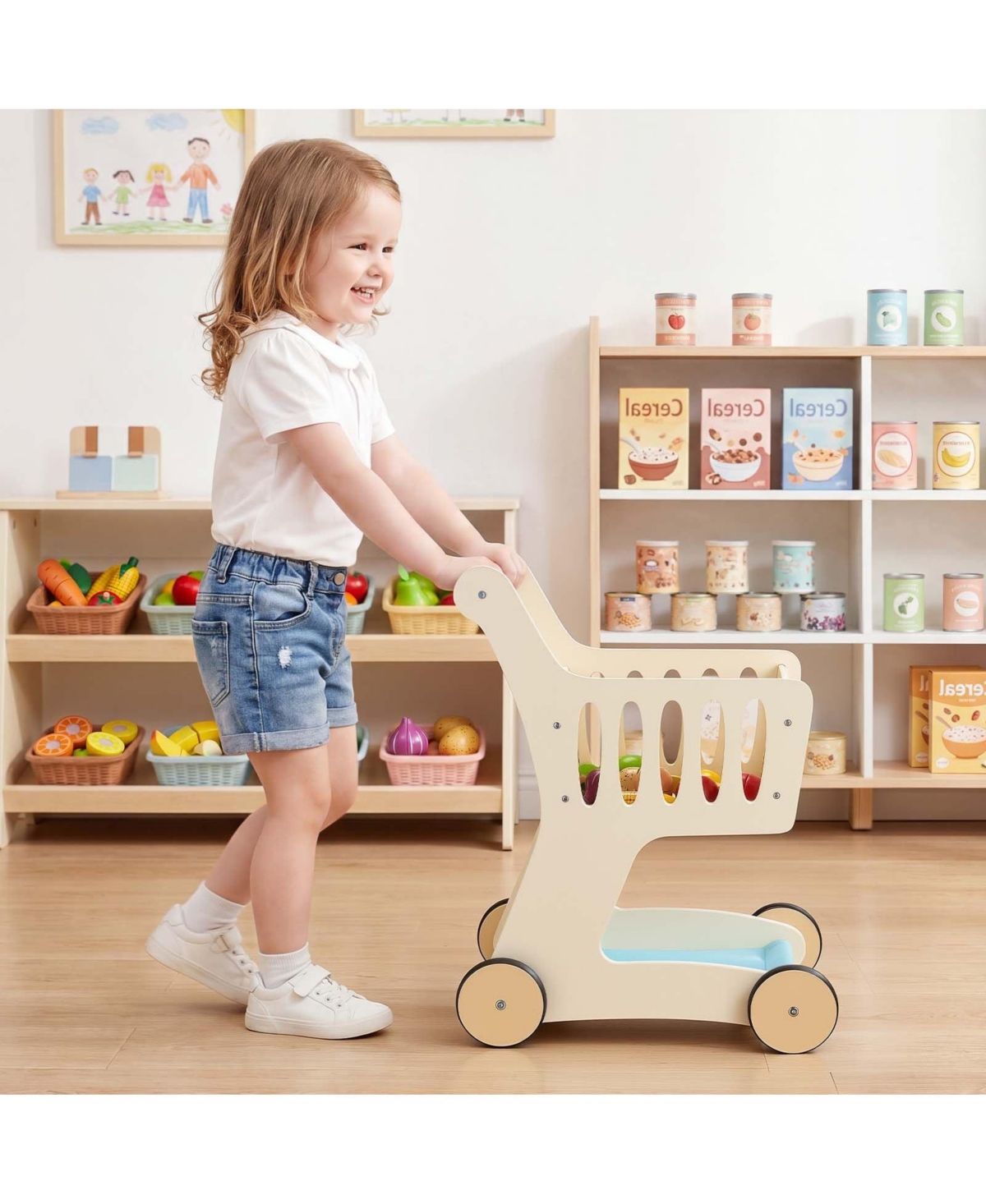 Sugift Wooden Shopping Cart With Storage and Scanner, Ages 3+